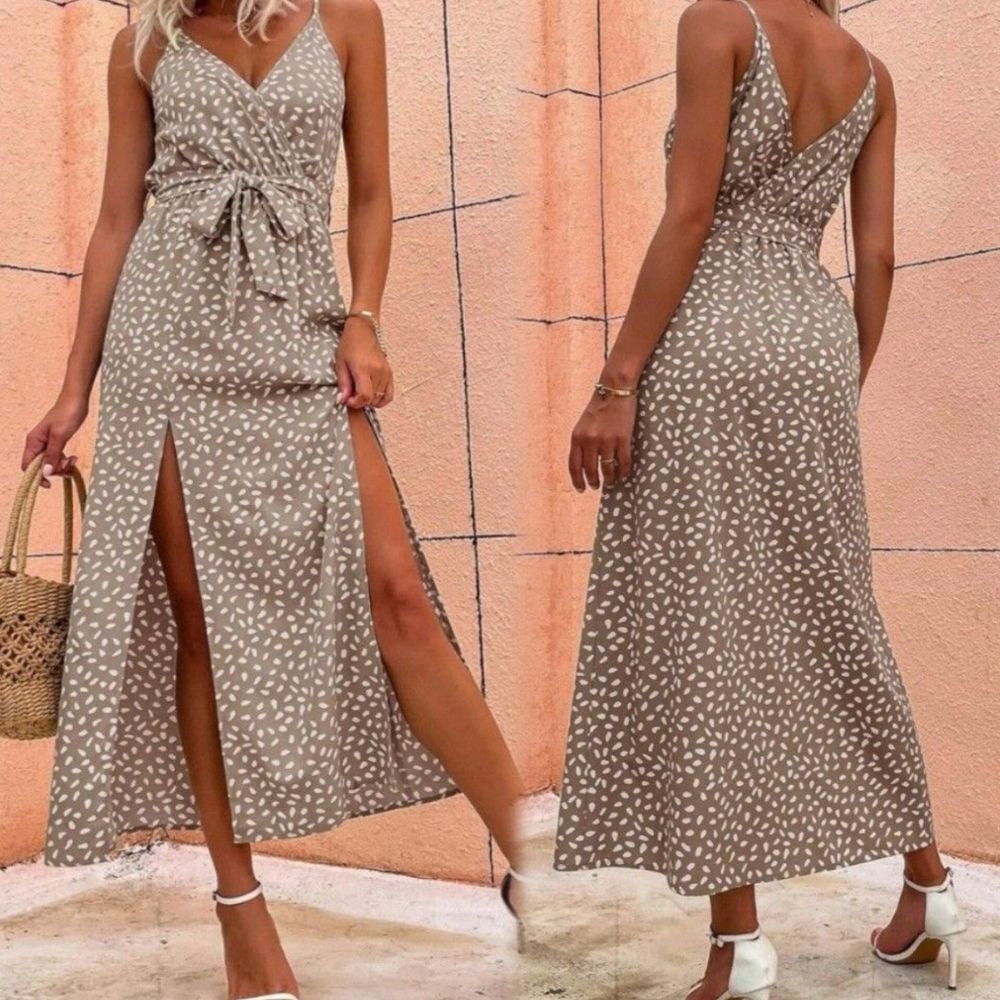 SHEIN Printed Cami Dainty Sleeveless Taupe Maxi Summer Dress with Slits S (4)